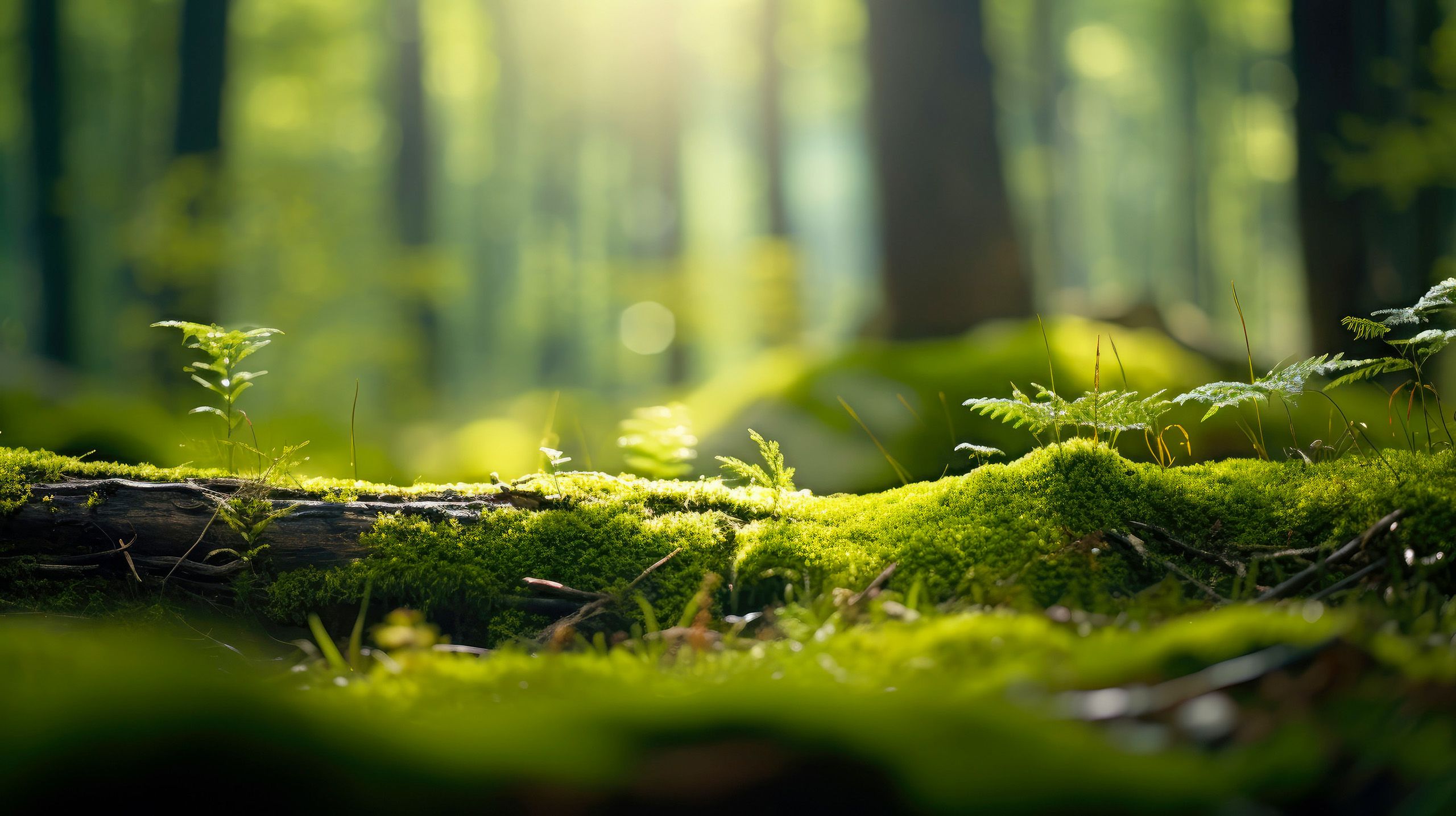 Sunlight illuminates a path through a forest.